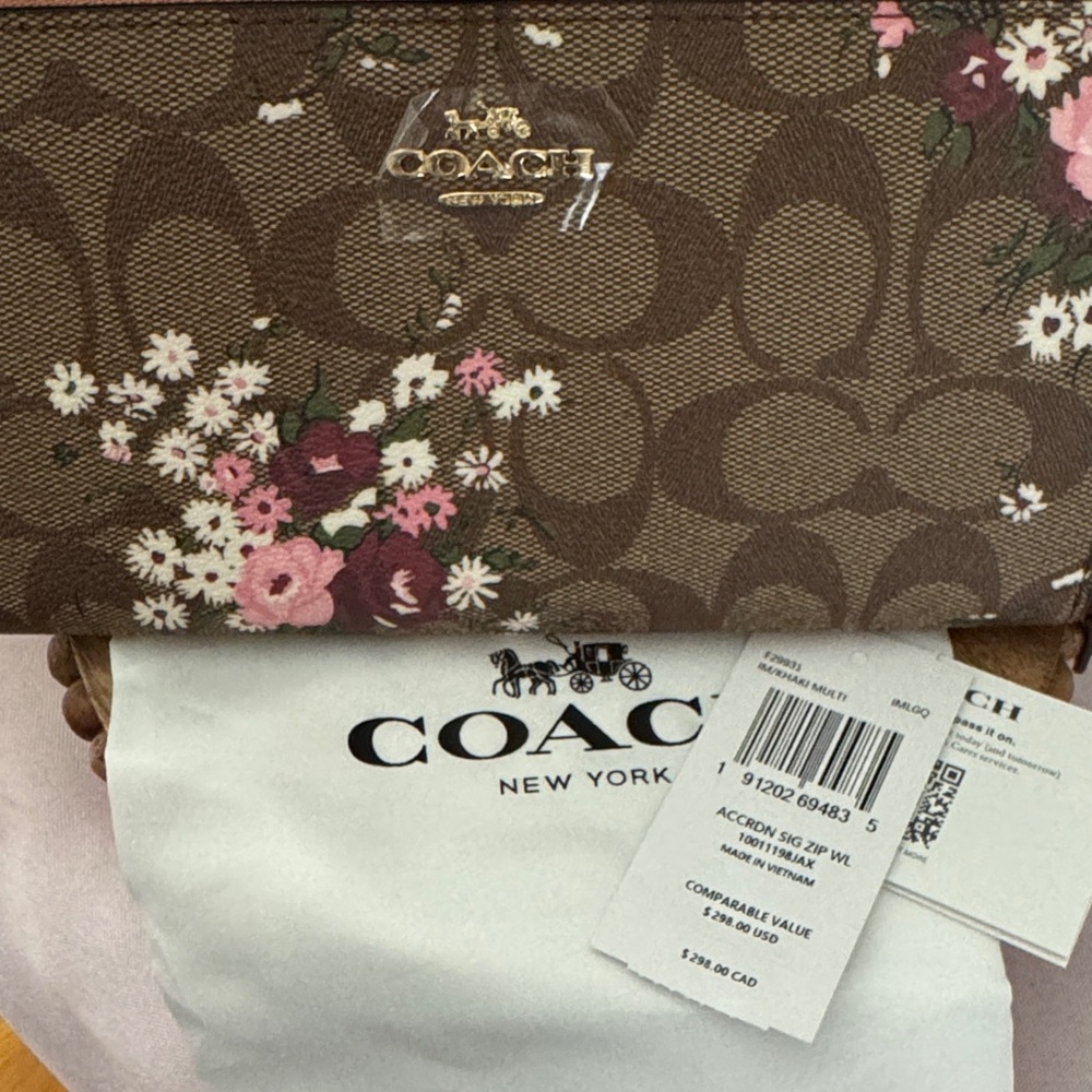 Coach Brown and Pink Floral Women's Accordion Zip Around Wallet NWT - Picture 8 of 9